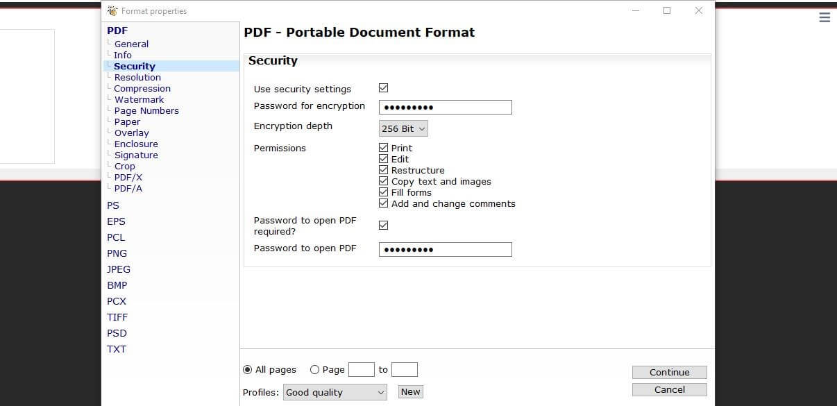 Paramètres de sécurité dans PDF 24 Creator