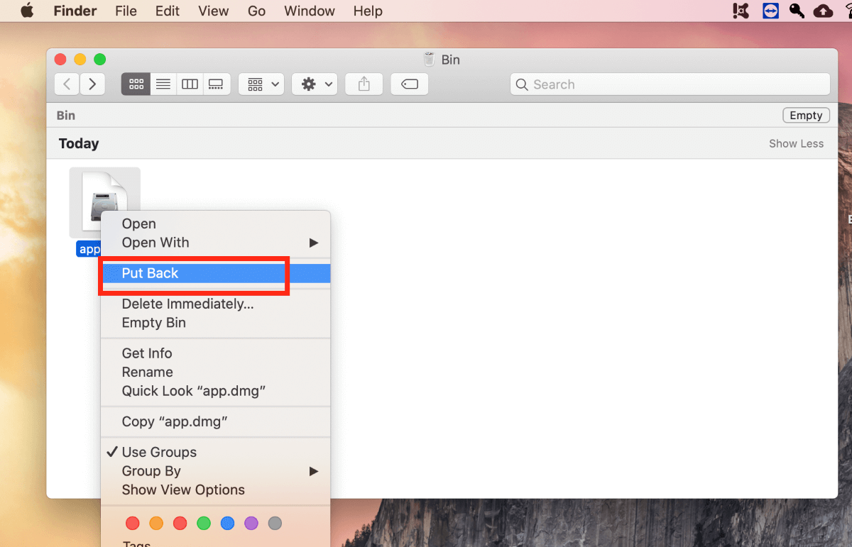Corbeille sur Mac : fonction de sélection pour restaurer un fichier