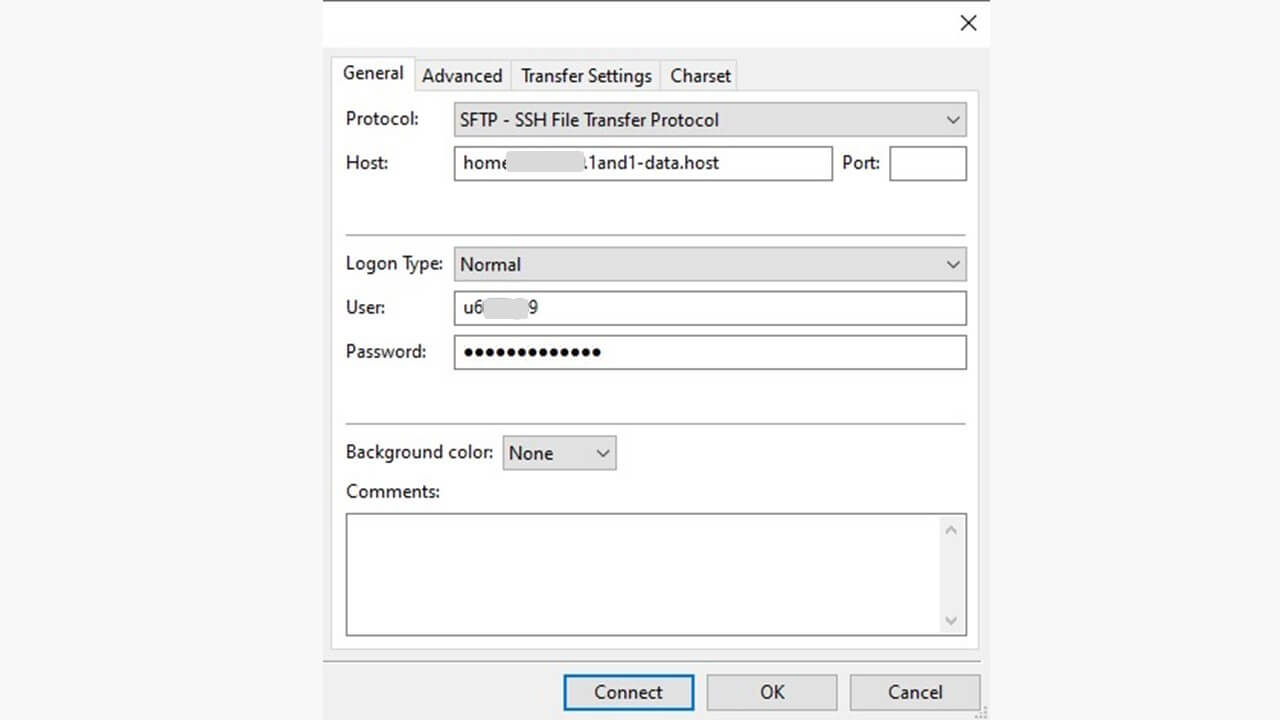 Sélection du SFTP dans le gestionnaire de serveurs de FileZilla
