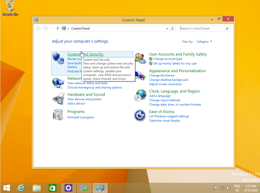 Catégorie « Système et sécurité » dans le panneau de configuration de Windows 8