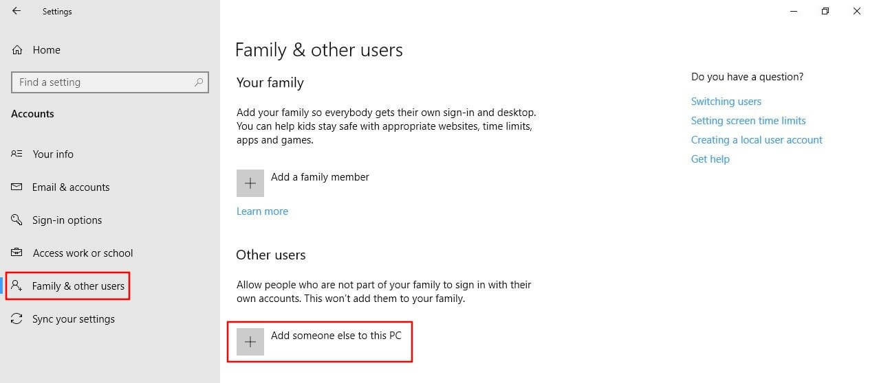 Paramètres Windows 10 « Famille et autres utilisateurs »