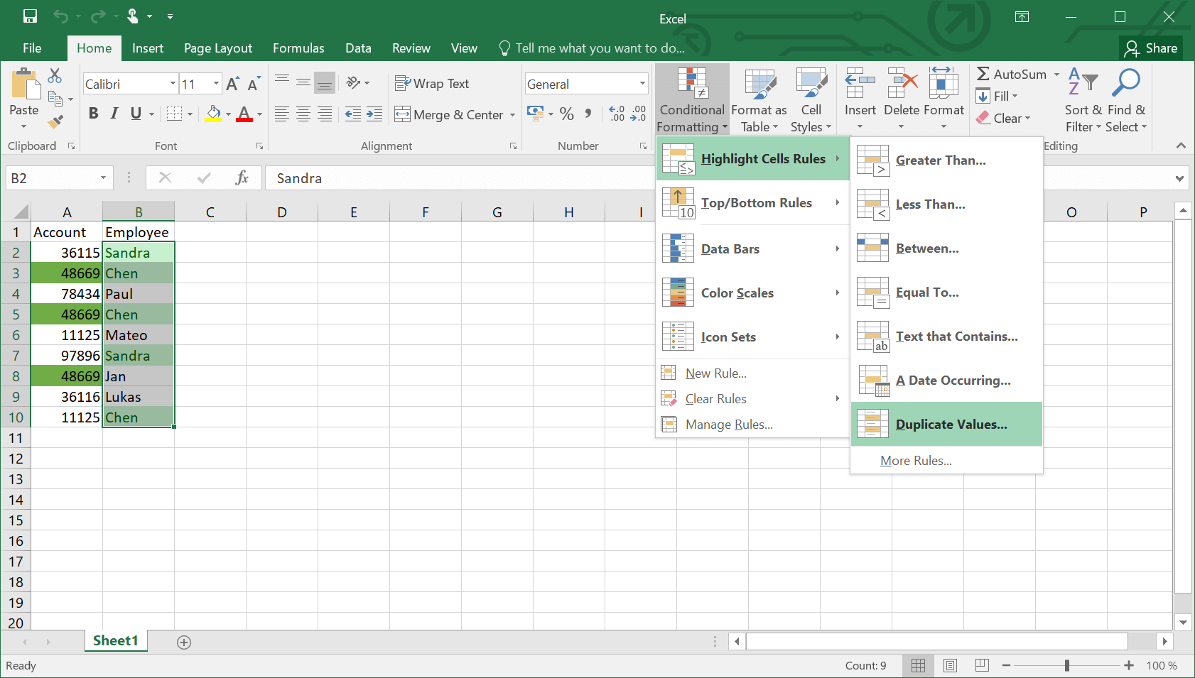 Menu fonctionnel Excel permettant d’afficher les doublons