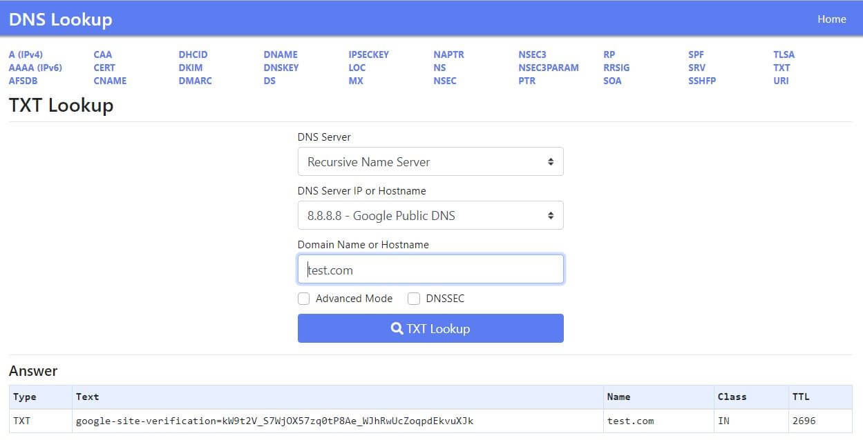 Capture d’écran de l’outil DNS Lookup