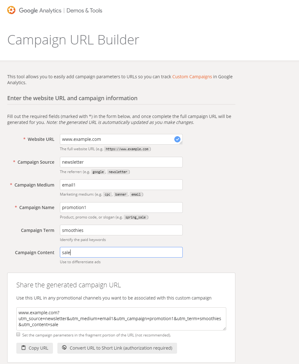 Capture d’écran de l’URL Builder pour une campagne