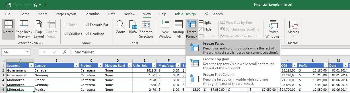 Ruban « Affichage » dans Excel 2016