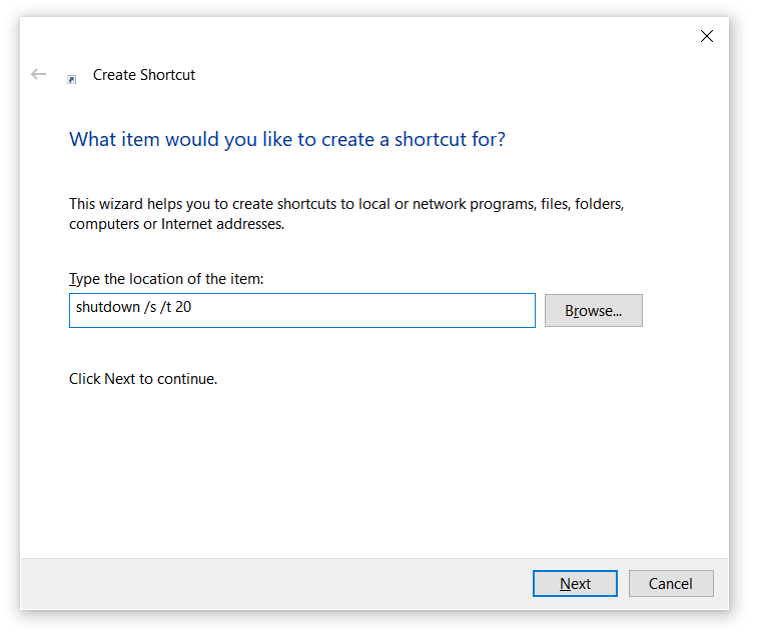 Windows 10 : Fenêtre de dialogue : « Créer un raccourci »