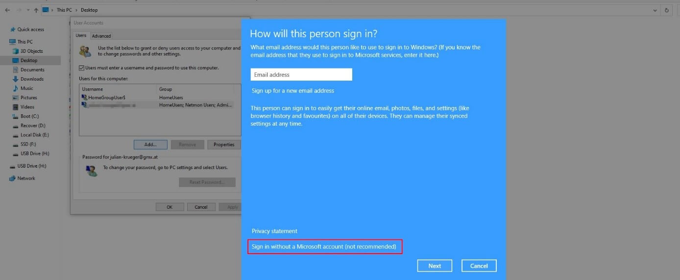 Windows 10 : paramètres du mot de passe et dialogue « Ajouter un compte »
