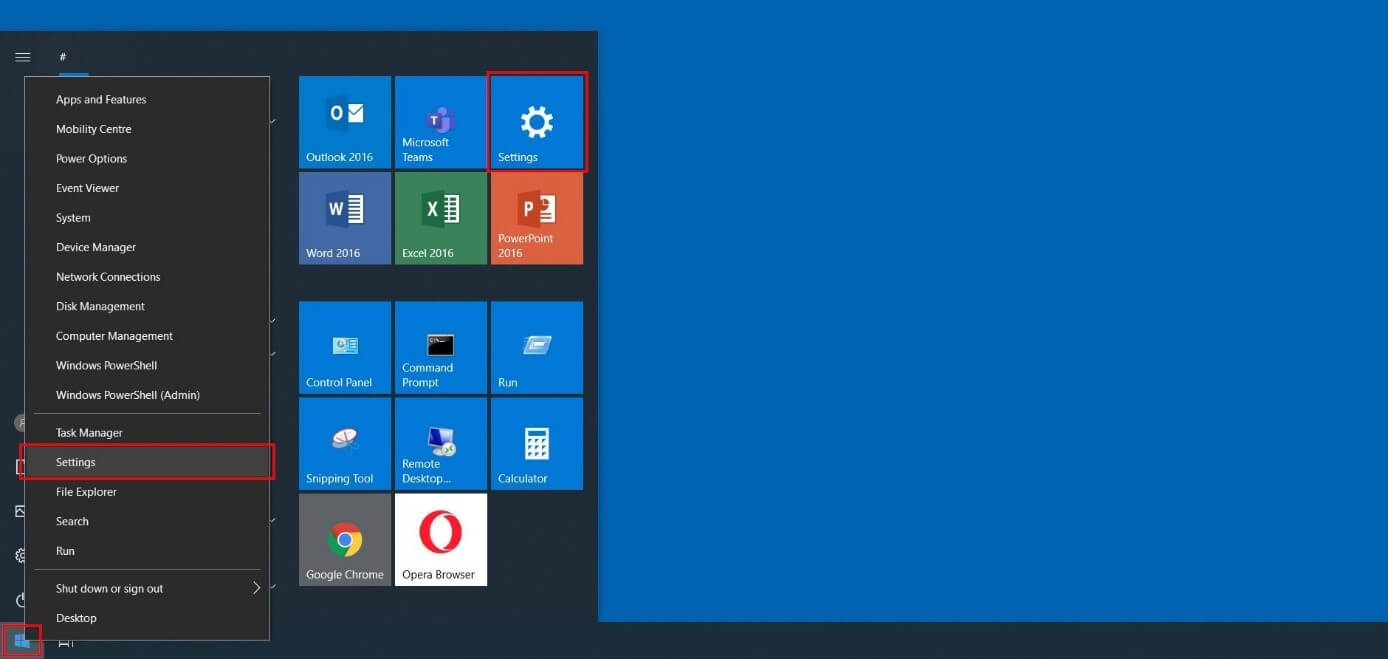Windows 10 : menu de démarrage incluant un menu rapide