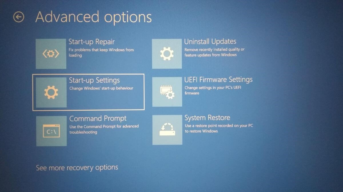 Impression écran UEFI Windows 10 – Options avancées