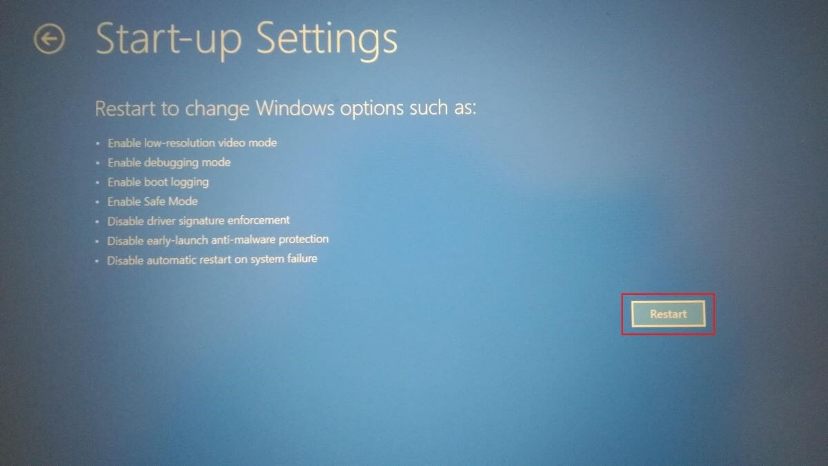 Impression écran UEFI Windows 10 – Paramètres de démarrage