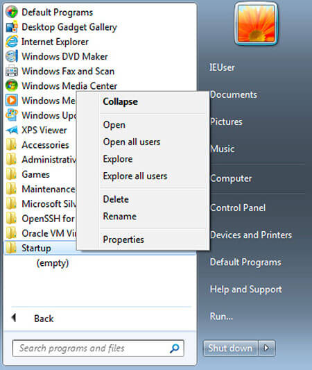Menu Démarrage Windows 7 avec dossier de démarrage automatique