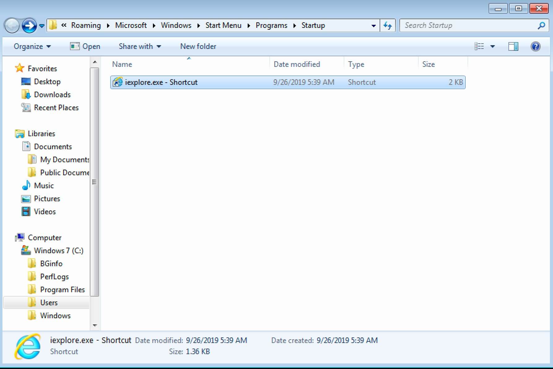 Dossier démarrage Windows 7 avec lien vers Internet Explorer
