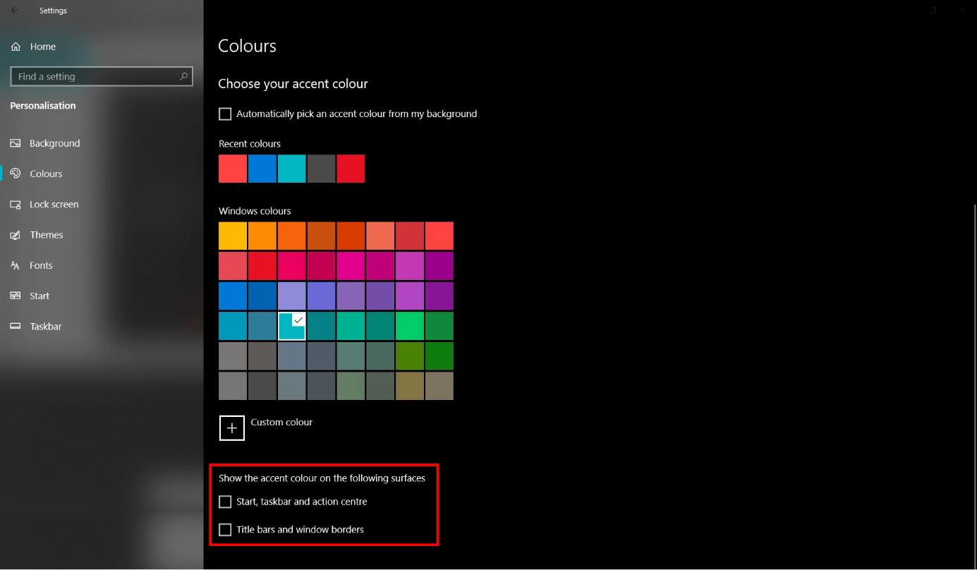 Paramètres Windows : choisir une couleur d’accentuation