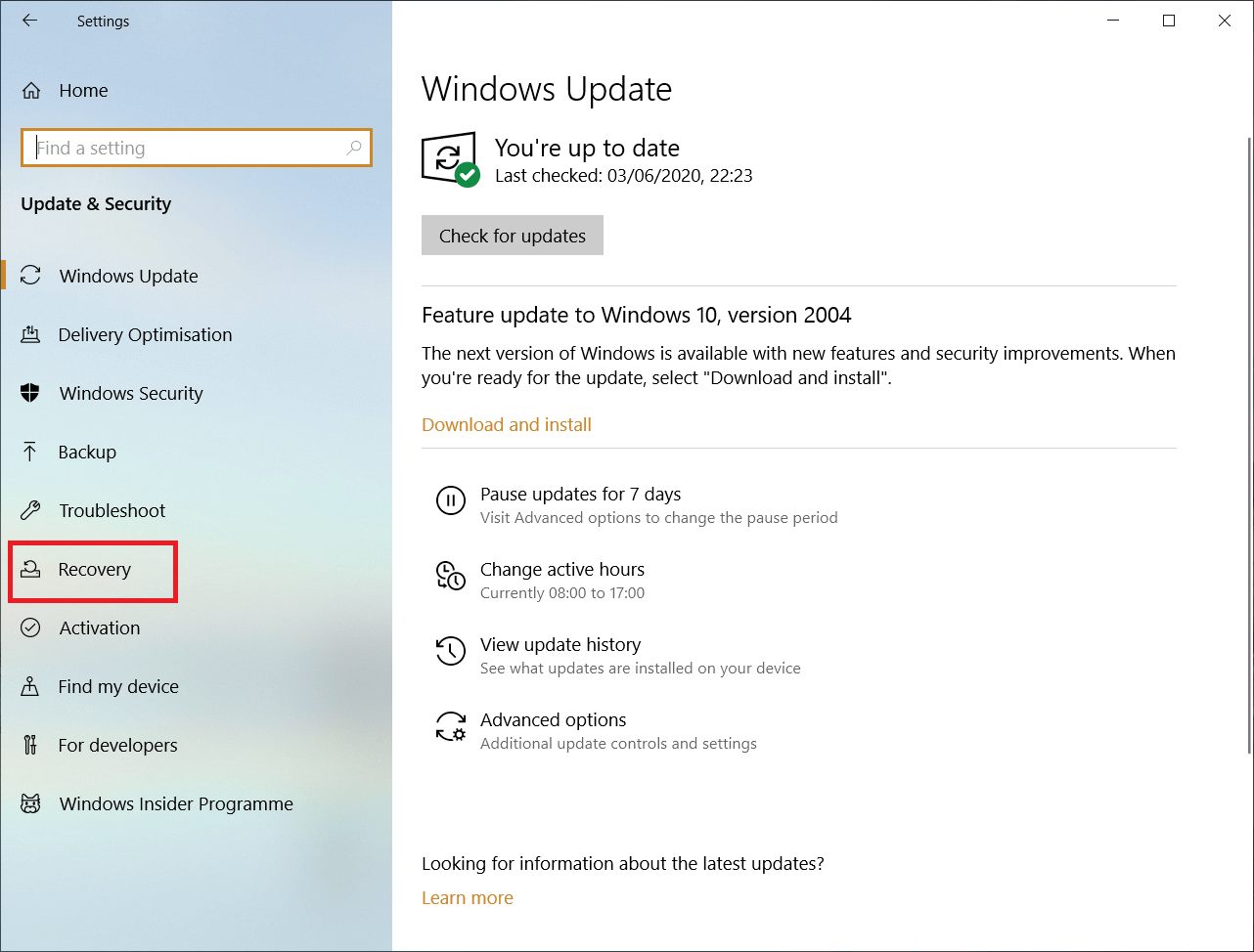 Impression écran de la fenêtre Mise à jour et sécurité de Windows