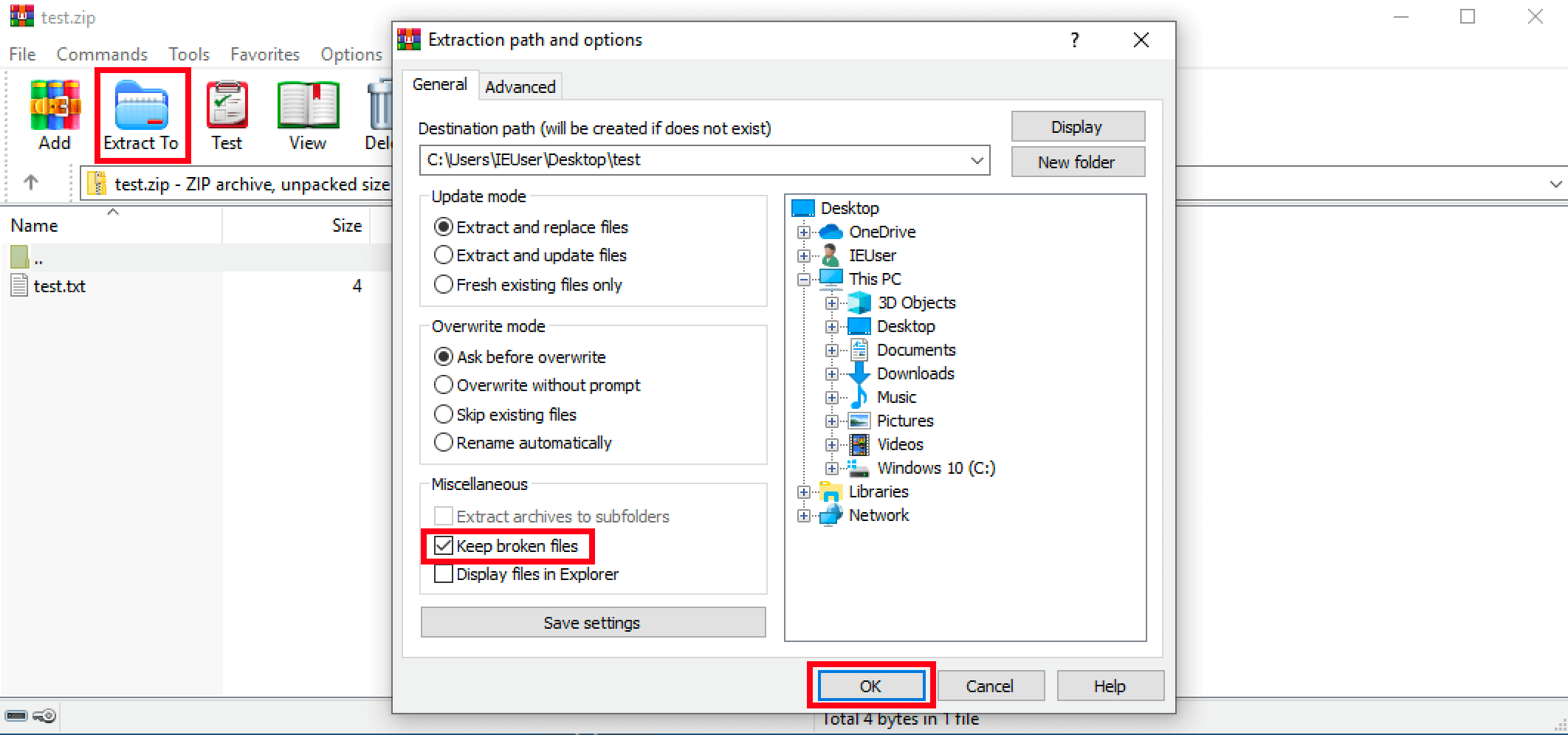 WinRAR: options d’extraction