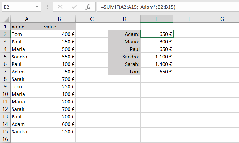 Tableau Excel avec fonction SOMME.SI et critère texte