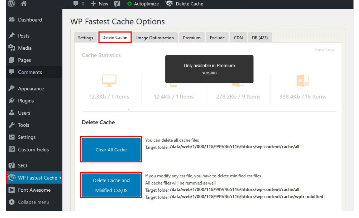 WP Fastest Cache : vider le cache WordPress via les options