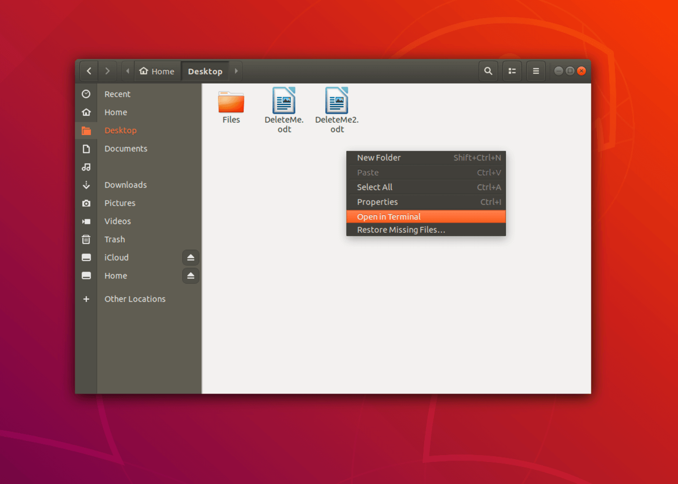 Le terminal permet d’ouvrir le menu contextuel du gestionnaire de fichiers
