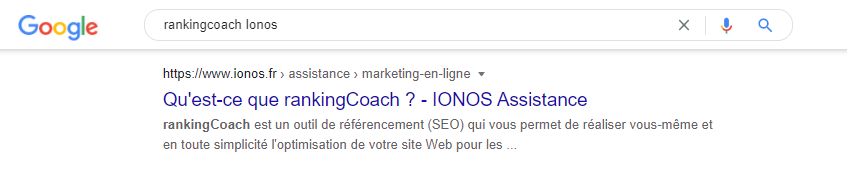 Exemple de résultat Google pour "rankingcoach ionos"