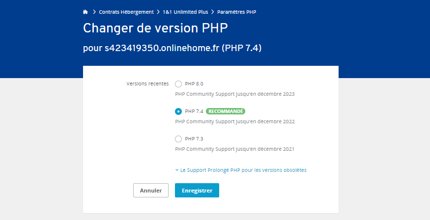 Choisir la version de PHP dans le panneau de configuration IONOS