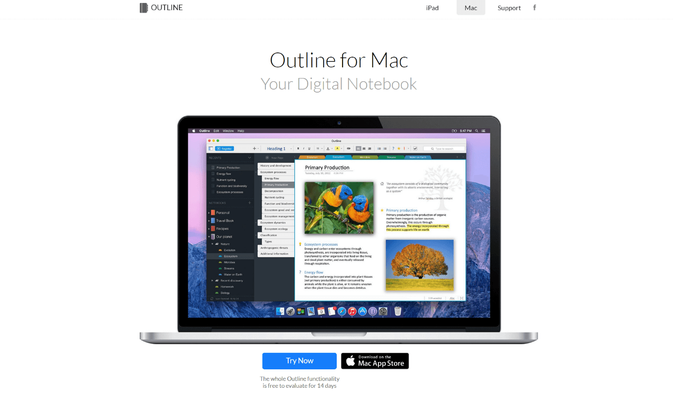 Capture d’écran de la page d’accueil de l’application Outline sur Mac
