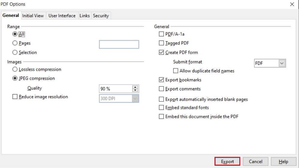 Options PDF d’OpenOffice Writer : exporter comme PDF