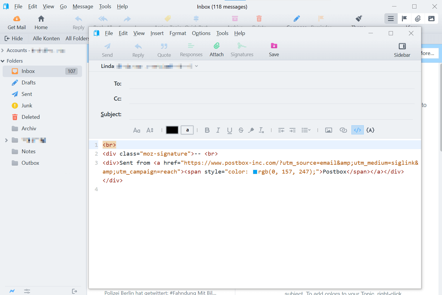 Mode HTML lors de la rédaction d’un email dans Postbox