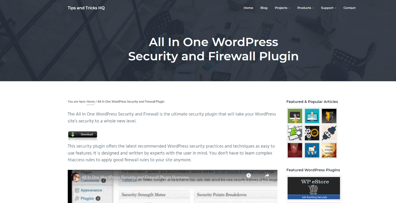 Site Internet du plugin « All In One WordPress Security and Firewall »