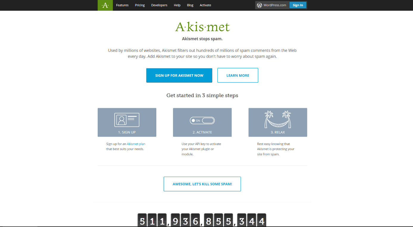 Capture d’écran de la page d’accueil du site Akismet