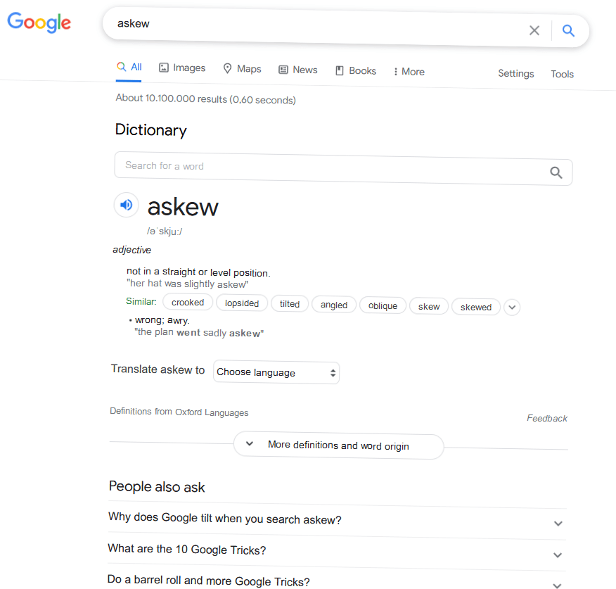 Vue inclinée de la page de résultats de Google