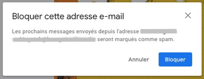 Gmail : Boîte de dialogue « Bloquer cette adresse e-mail »
