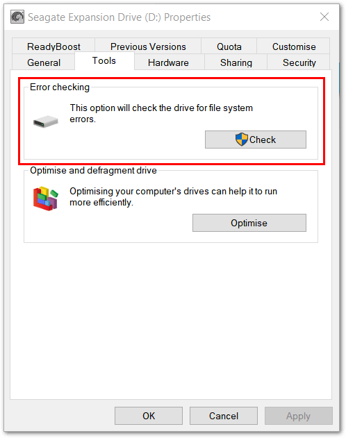 Windows 10 : fenêtre de vérification des erreurs du disque
