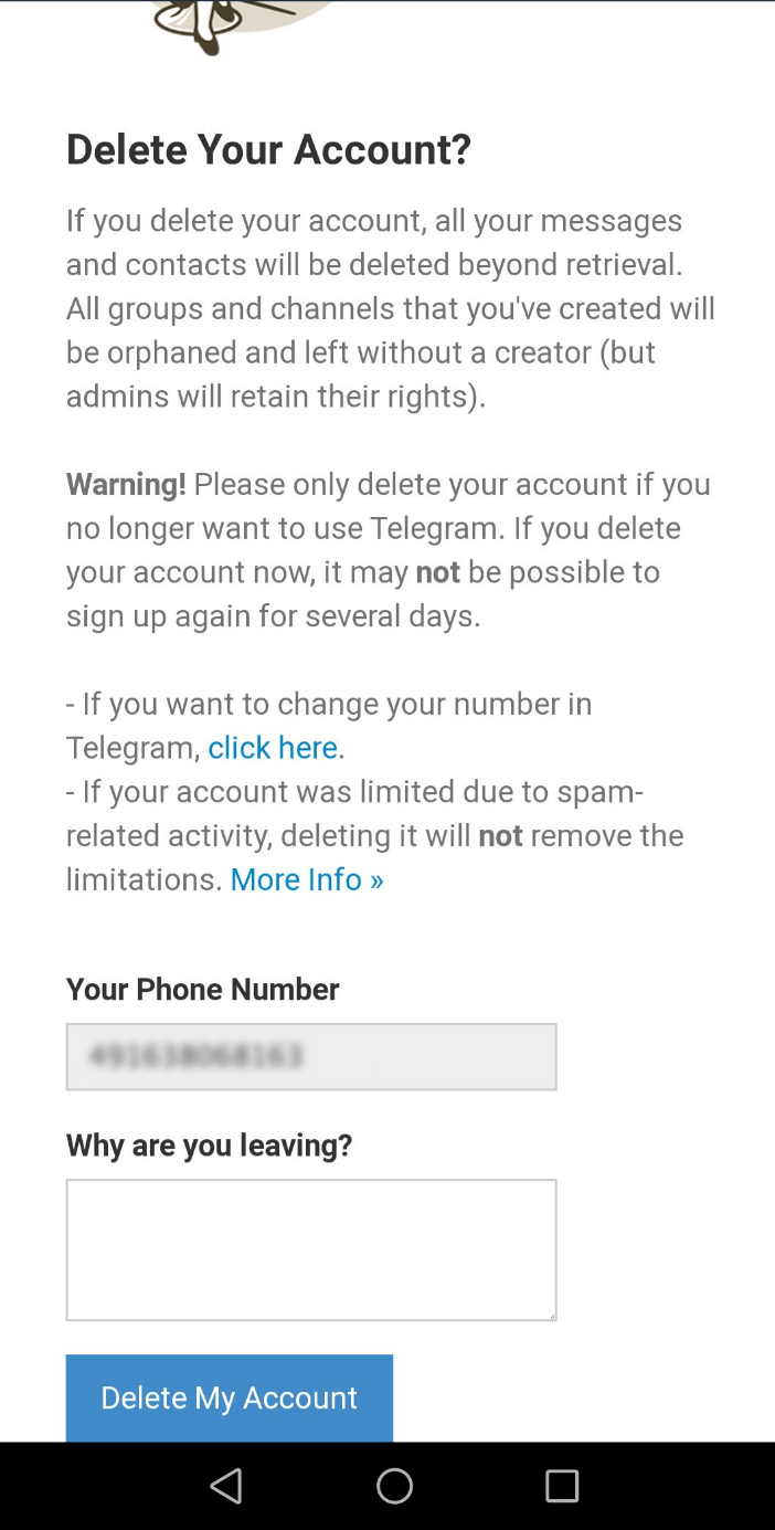 Page de confirmation de la suppression de votre compte Telegram