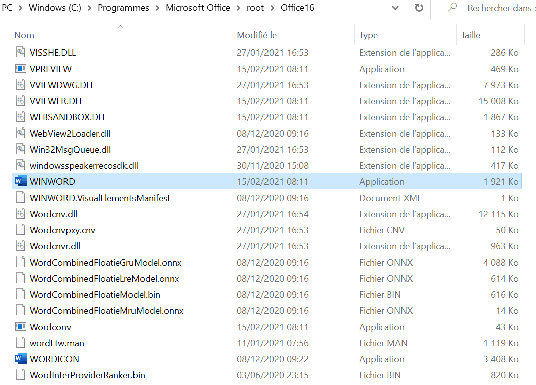 Répertoire Microsoft Office dans l’Explorateur Windows 