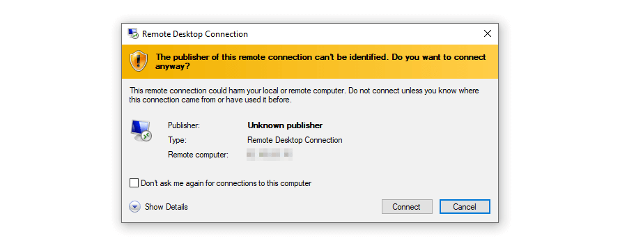 Dialogue Windows : établissement de la connexion au serveur à distance