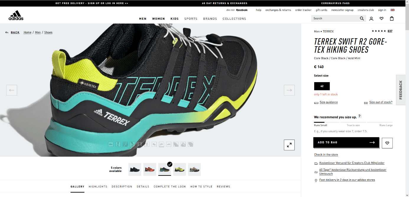Exemple de co-branding fonctionnel : chaussures de sport Adidas avec surface Gore-Tex