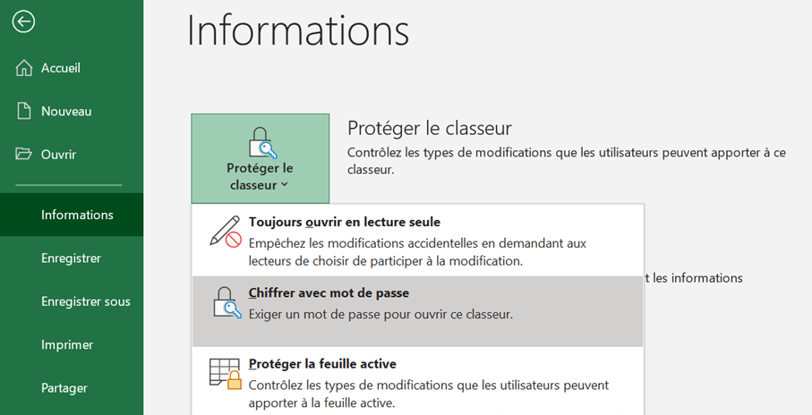 Illustration du menu « Fichier » > « Informations » > « Protéger le classeur »