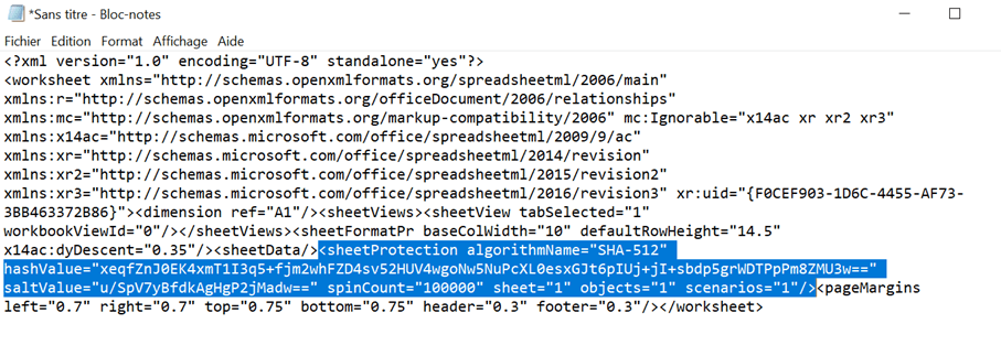 Fichier XML d’une feuille de calcul ouvert dans l’éditeur Windows avec l’entrée sélectionnée pour la protection de la feuille