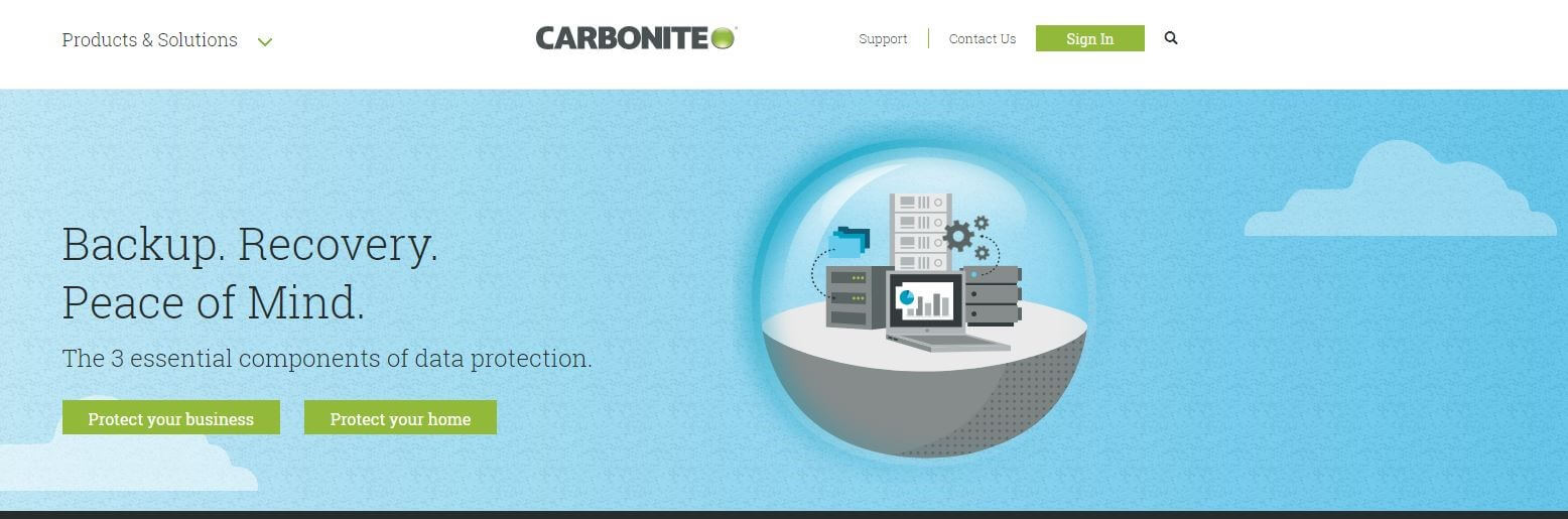 Capture d’écran de la page d’accueil de Carbonite avec les différentes offres