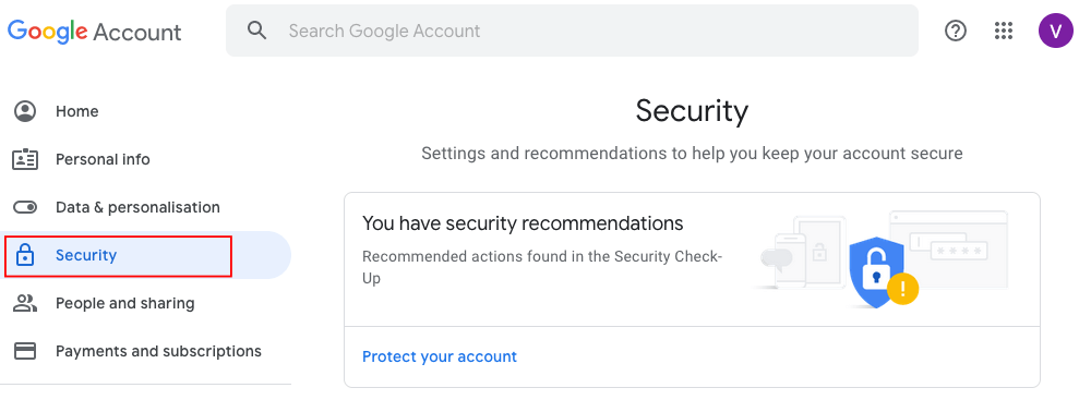 Compte Google : section « Sécurité »