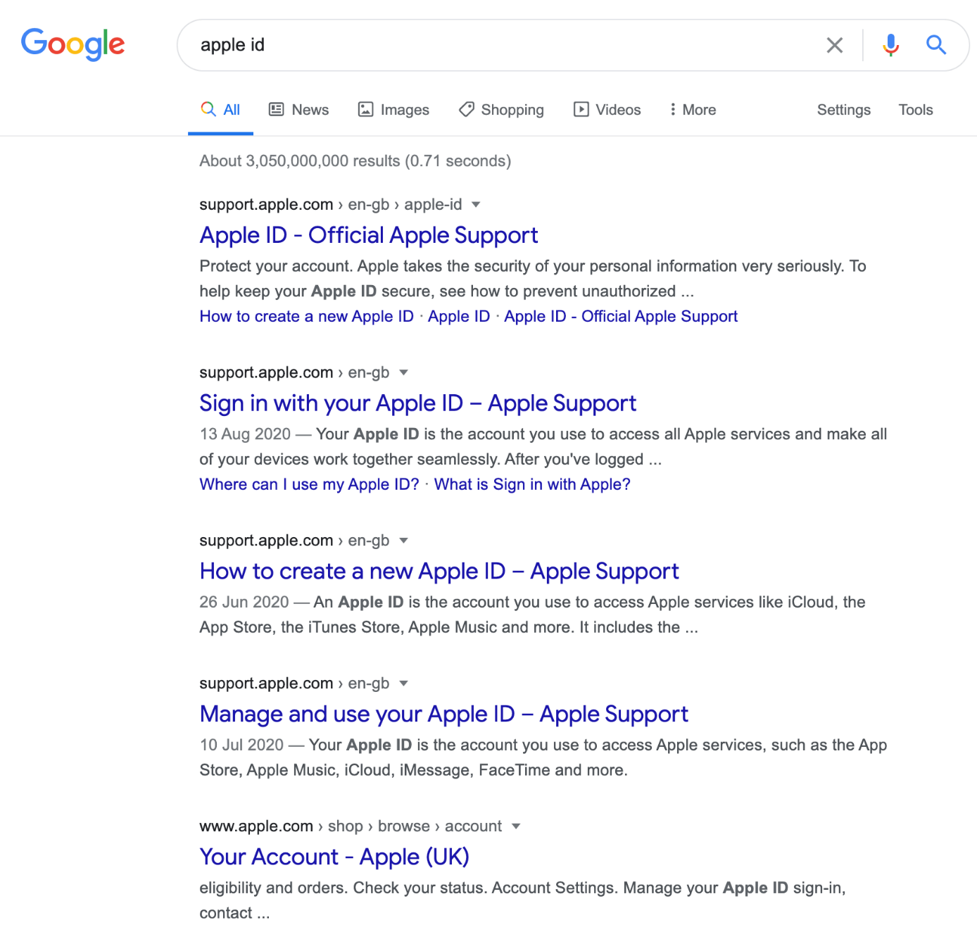 SERP de la recherche « apple id » sur Google