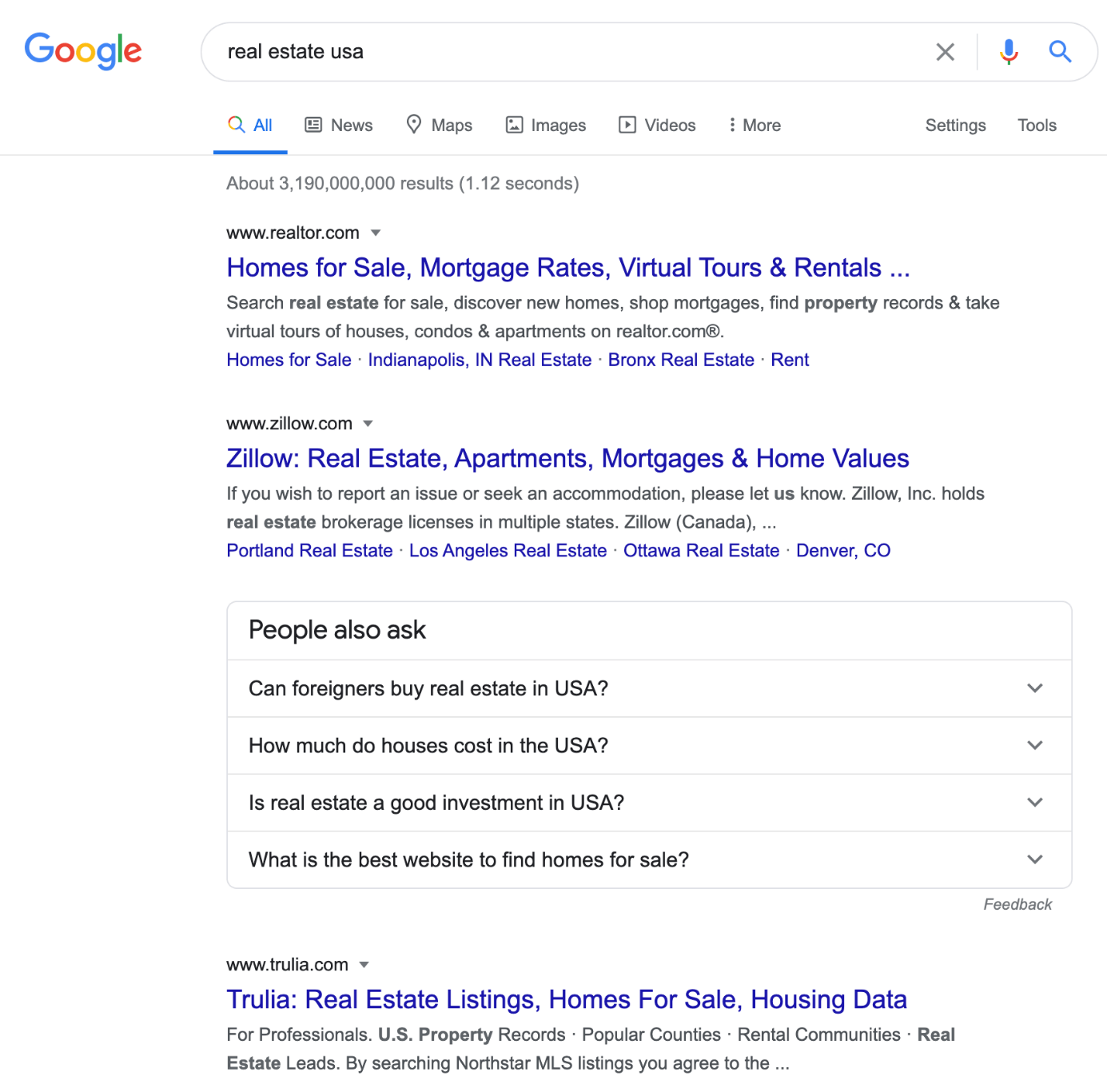 SERP de la recherche « real estate usa » sur Google