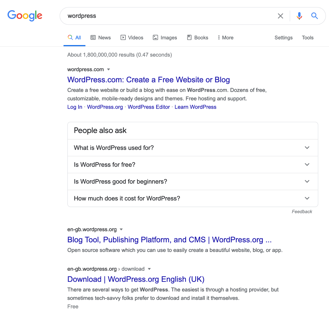 SERP de la recherche « wordpress » sur Google