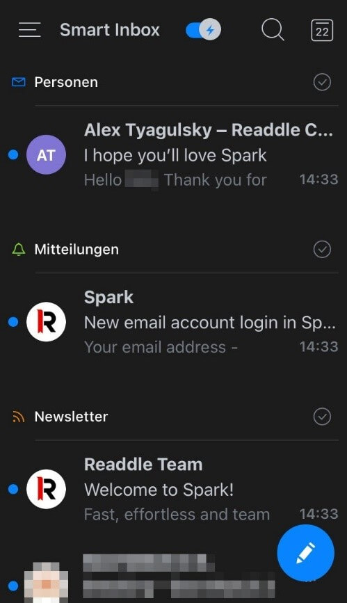 Interface utilisateur de la version iOS de Spark