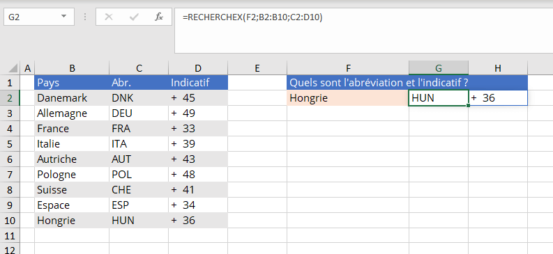 Excel : exemple RECHERCHEX pour la restitution de deux valeurs avec une seule recherche