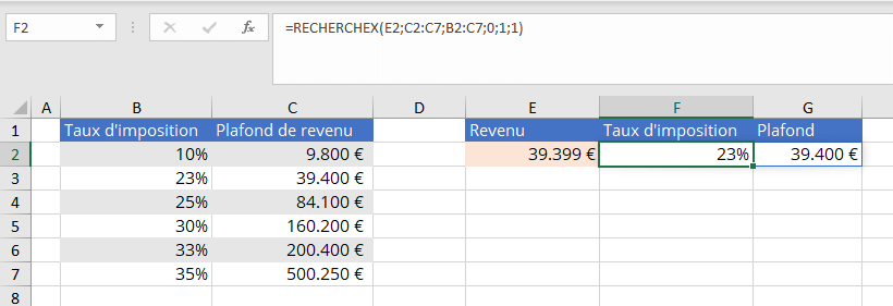 Excel : exemple RECHERCHEX avec trois saisies obligatoires et tous les arguments facultatifs