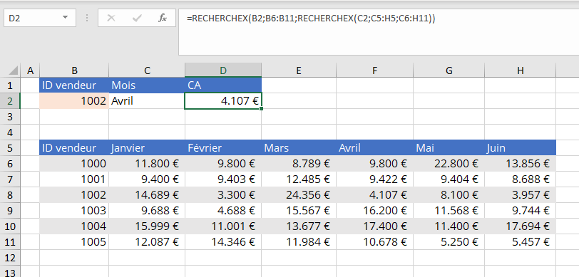 Fonction Excel RECHERCHEX imbriquée