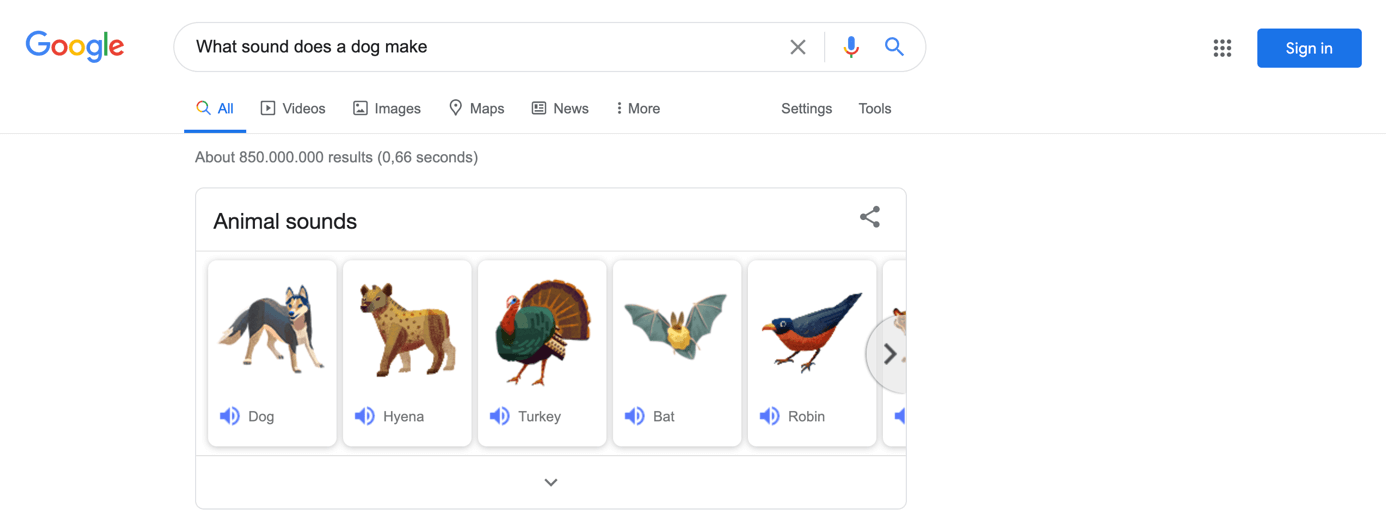 Page de résultats avec des sons d’animaux sur Google