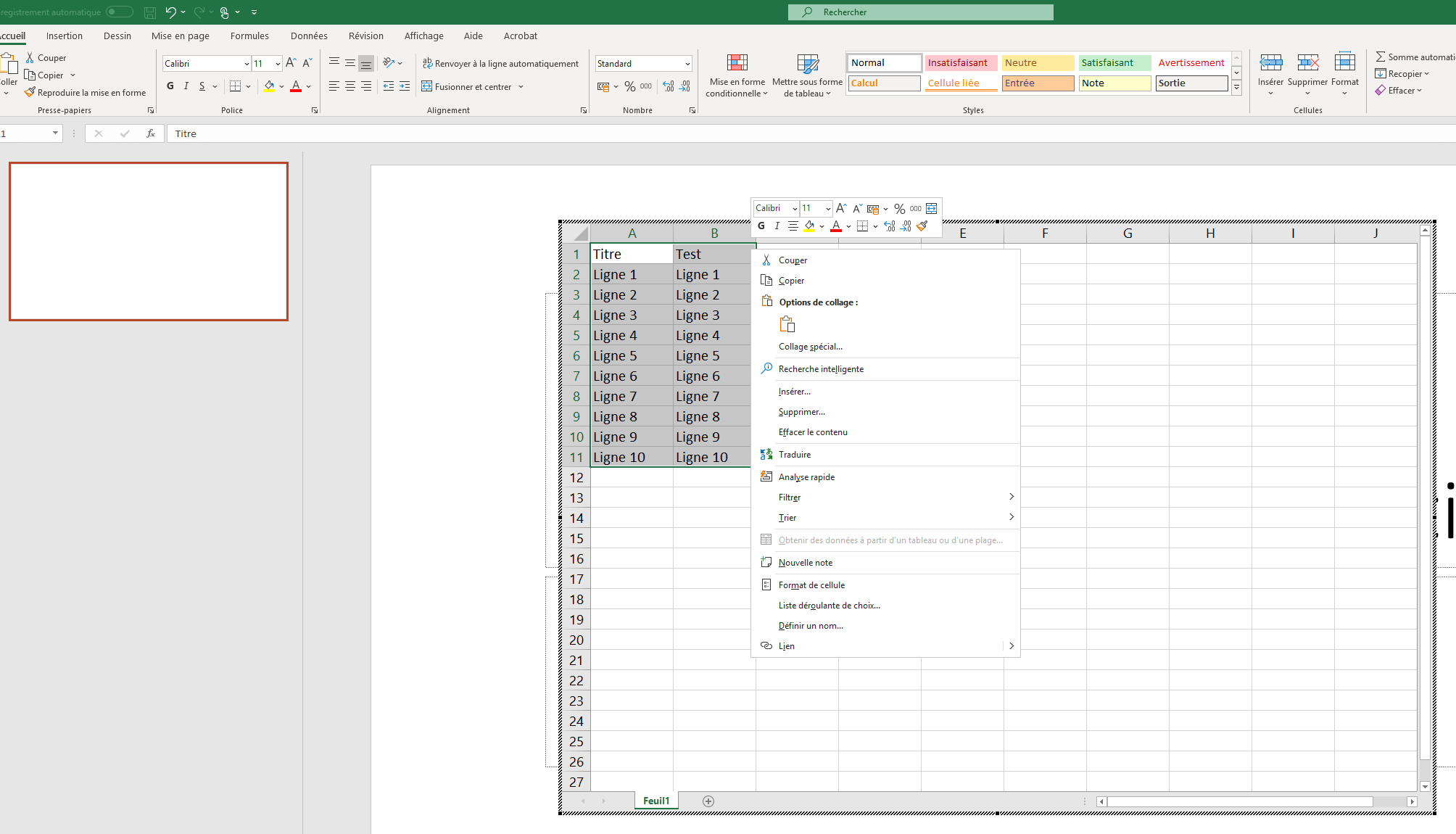 Sélectionner et copier un tableau Excel