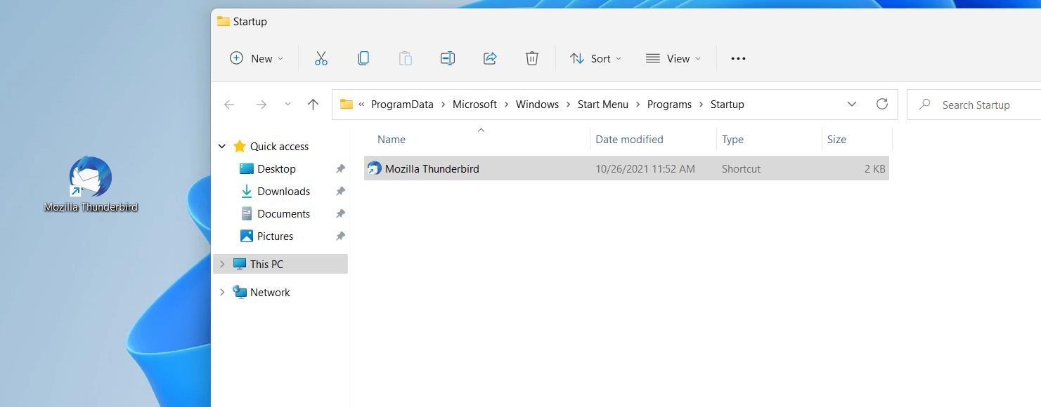 Raccourci dans le dossier de démarrage de Windows 11 spécifique à l’utilisateur